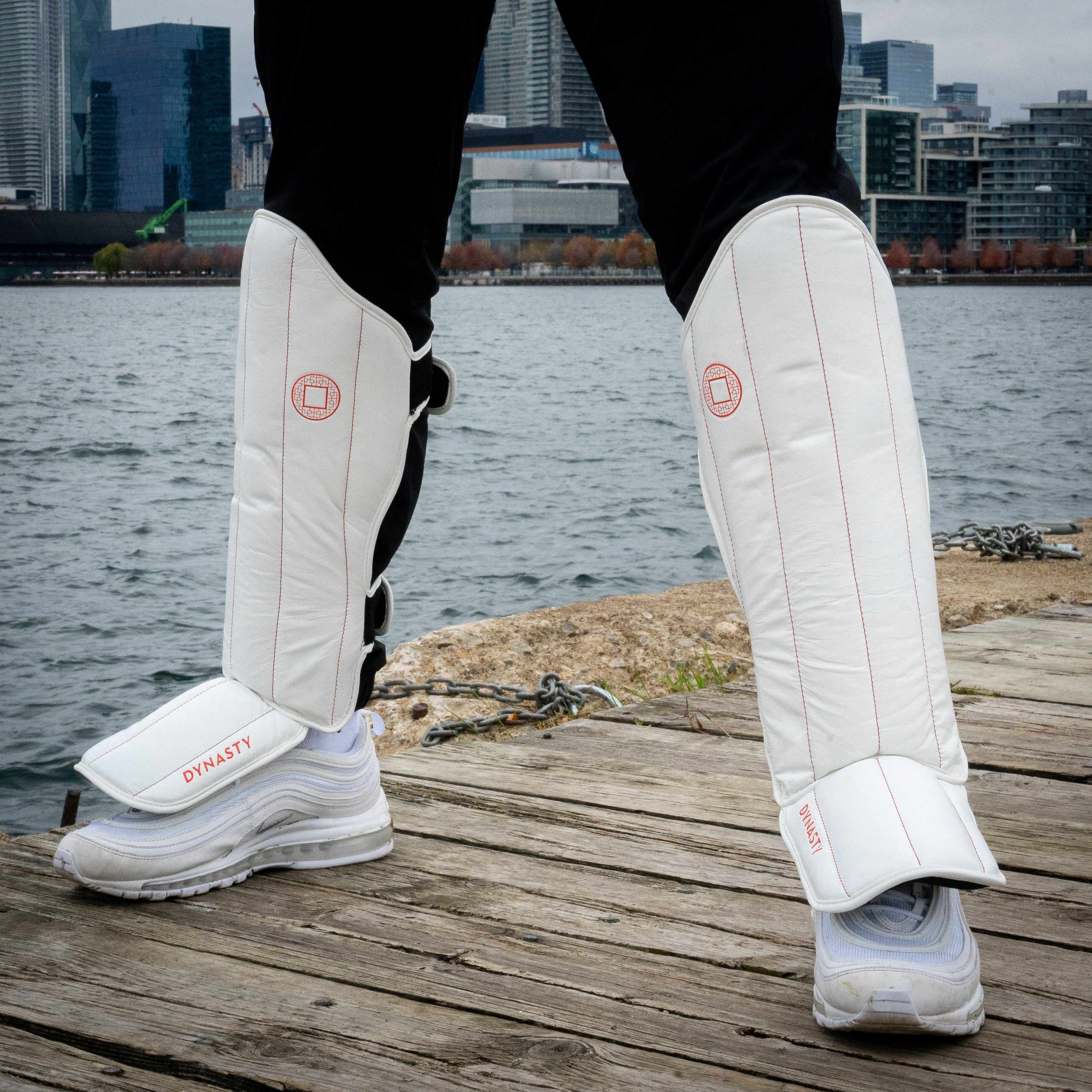 Dynasty Pro Striking Shin Guards (White / Red)-Striking / Protective Gear - Dynasty Clothing MMA