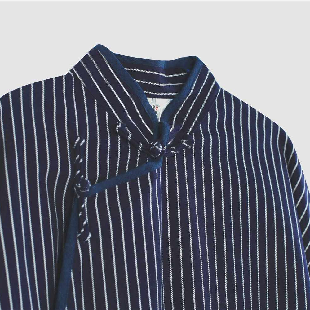 Neo Classic Pinstripe Cheongsam Navy Robe-Neo Dynasty - Dynasty Clothing MMA