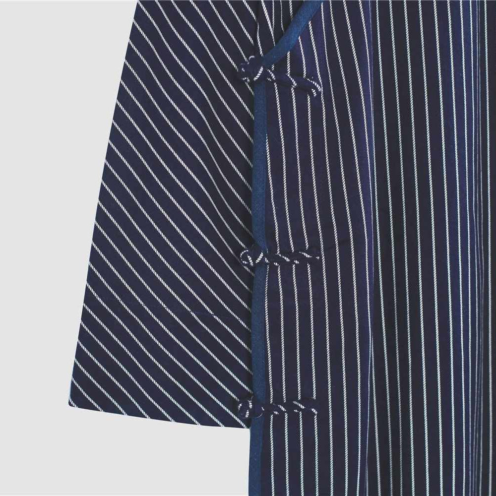Neo Classic Pinstripe Cheongsam Navy Robe-Neo Dynasty - Dynasty Clothing MMA