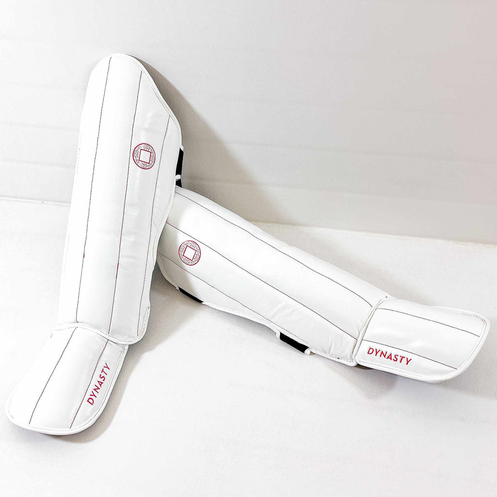 Dynasty Pro Striking Shin Guards (White / Red)-Striking / Protective Gear - Dynasty Clothing MMA