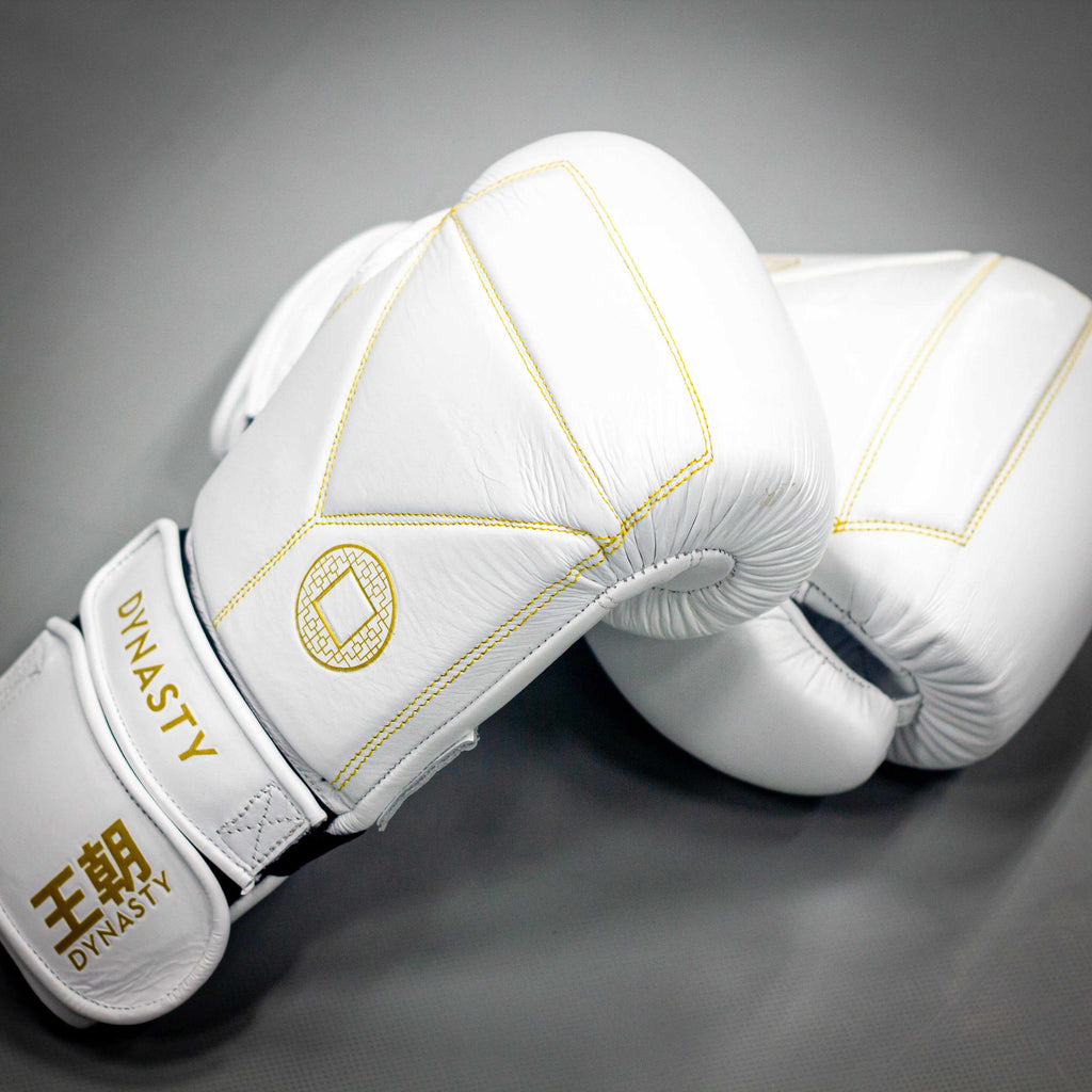 Dynasty Diamond Pro Training Gloves (White / Gold)-Boxing Gloves - Dynasty Clothing MMA