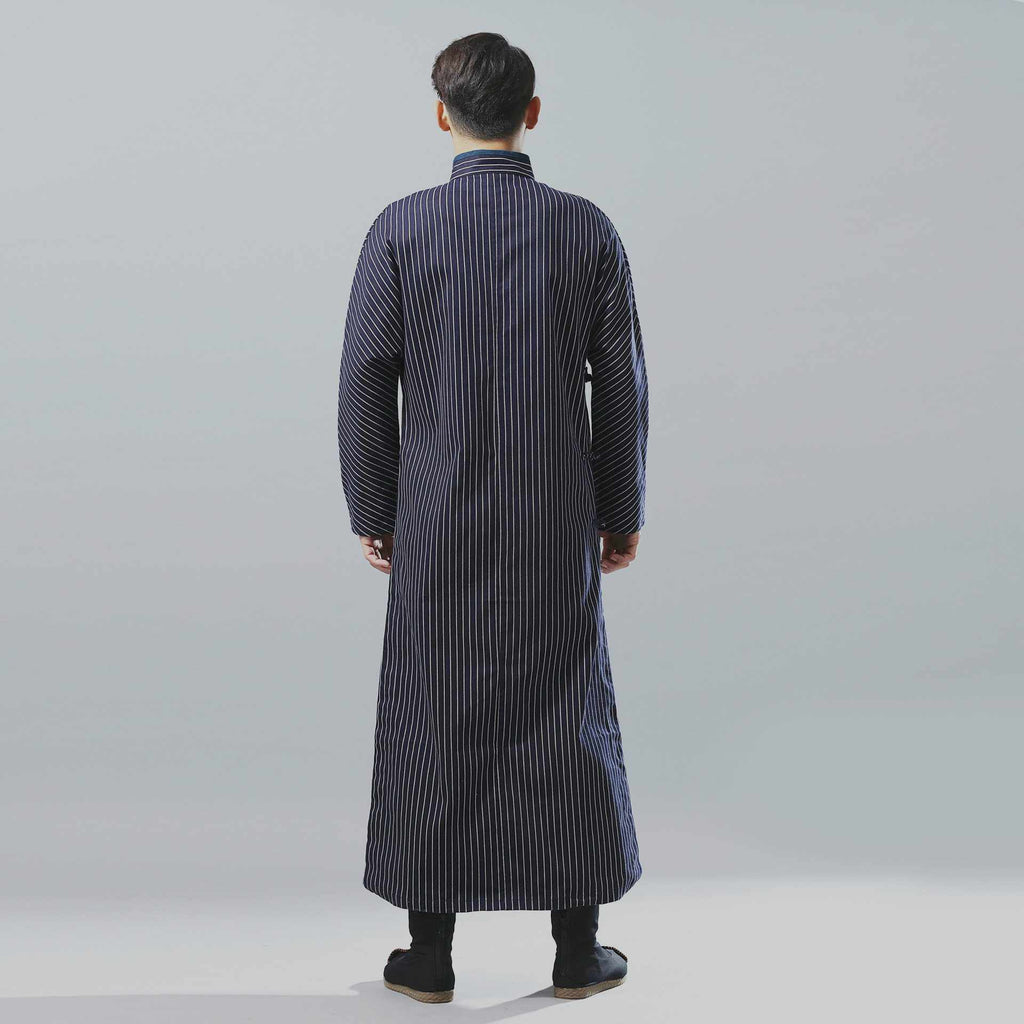 Neo Classic Pinstripe Cheongsam Navy Robe-Neo Dynasty - Dynasty Clothing MMA